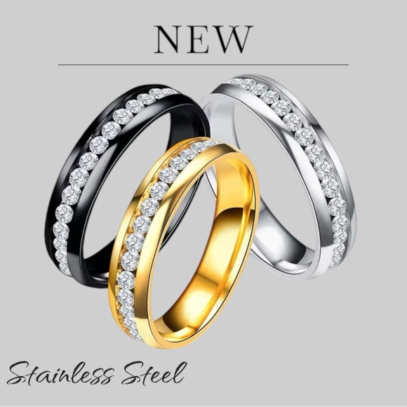 Exclusively Fancy Other - New Stainless Steel Unisex Engagement Ring Black or Gold Band CZ Row Inlay